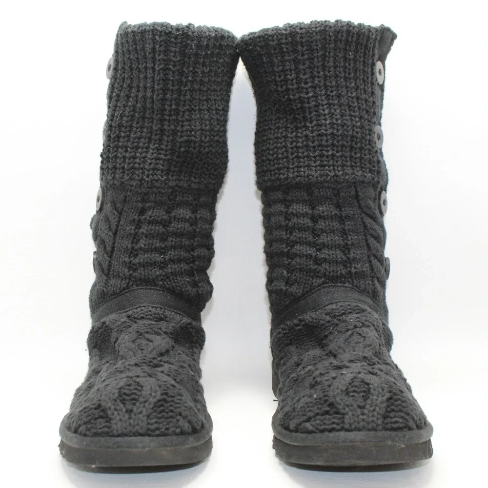 UGG Australia Lattice Cardy Black‎ Knit Button Tall Boots 1000464 Womens 9